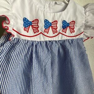 Blue and White Striped American embroidered Dress with Bow Accents